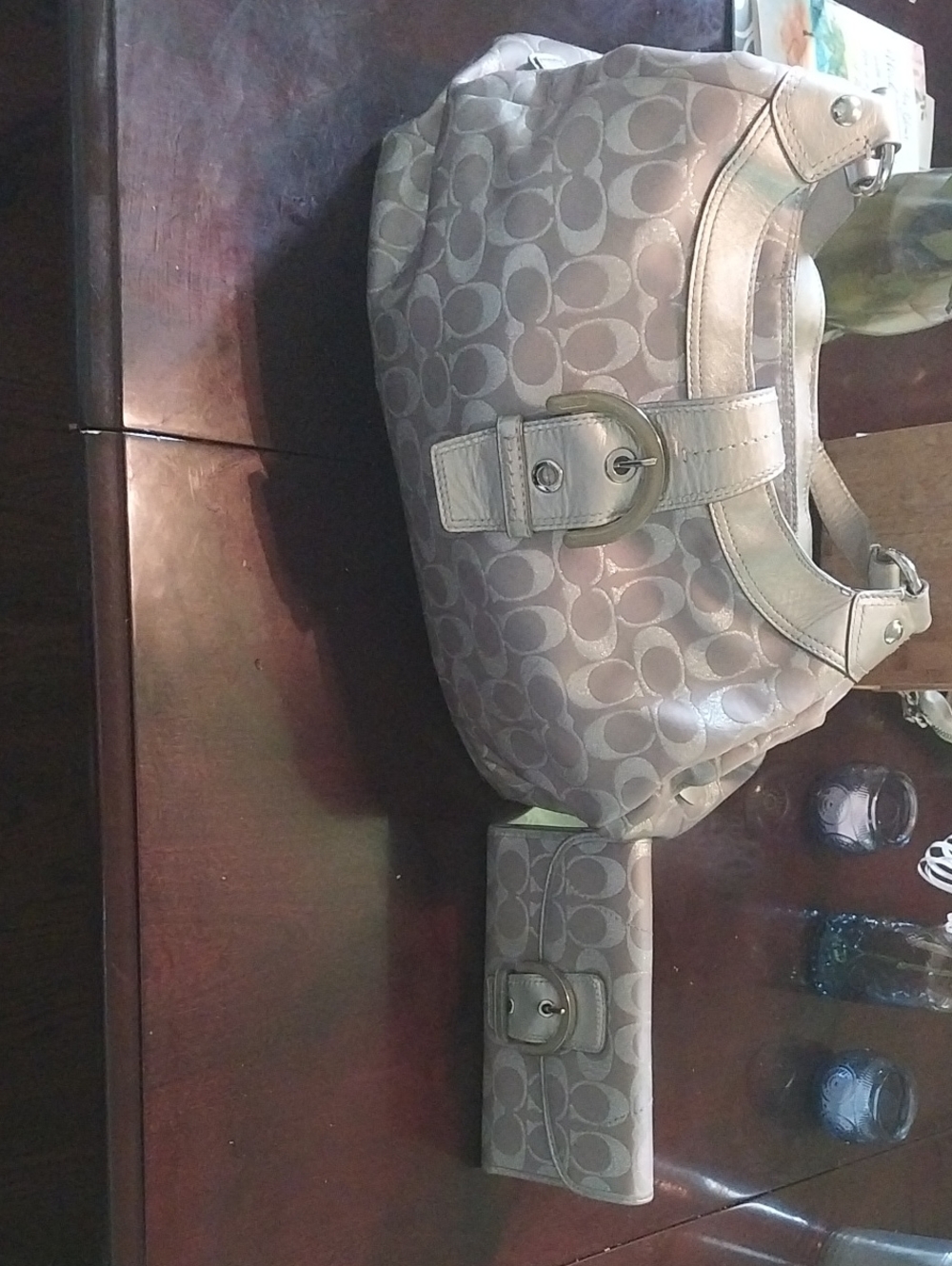 Coach Designer-Style Taupe Signature Pattern Shoulder Bag with Matching Wallet